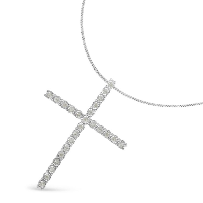 Silver 1/2 Cttw Brilliant Cut Diamond Miracle-Set Cross 18" Unisex Pendant Necklace