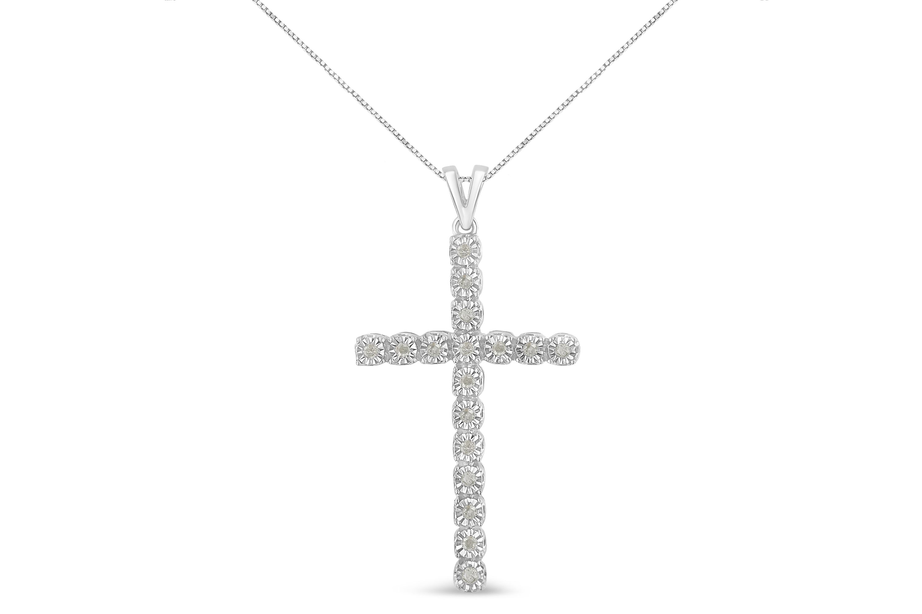 .925 Sterling Silver 1/4 Cttw Diamond Miracle Set Cross Unisex Pendant Necklace 18"