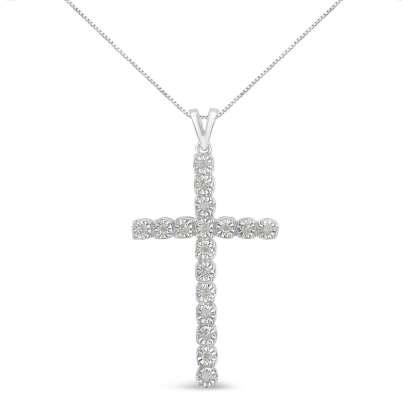 .925 Sterling Silver 1/4 Cttw Diamond Miracle Set Cross Unisex Pendant Necklace 18"