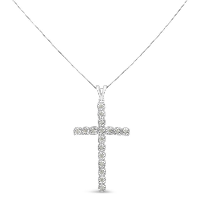 .925 Sterling Silver 1/4 Cttw Diamond Miracle Set Cross Unisex Pendant Necklace 18"