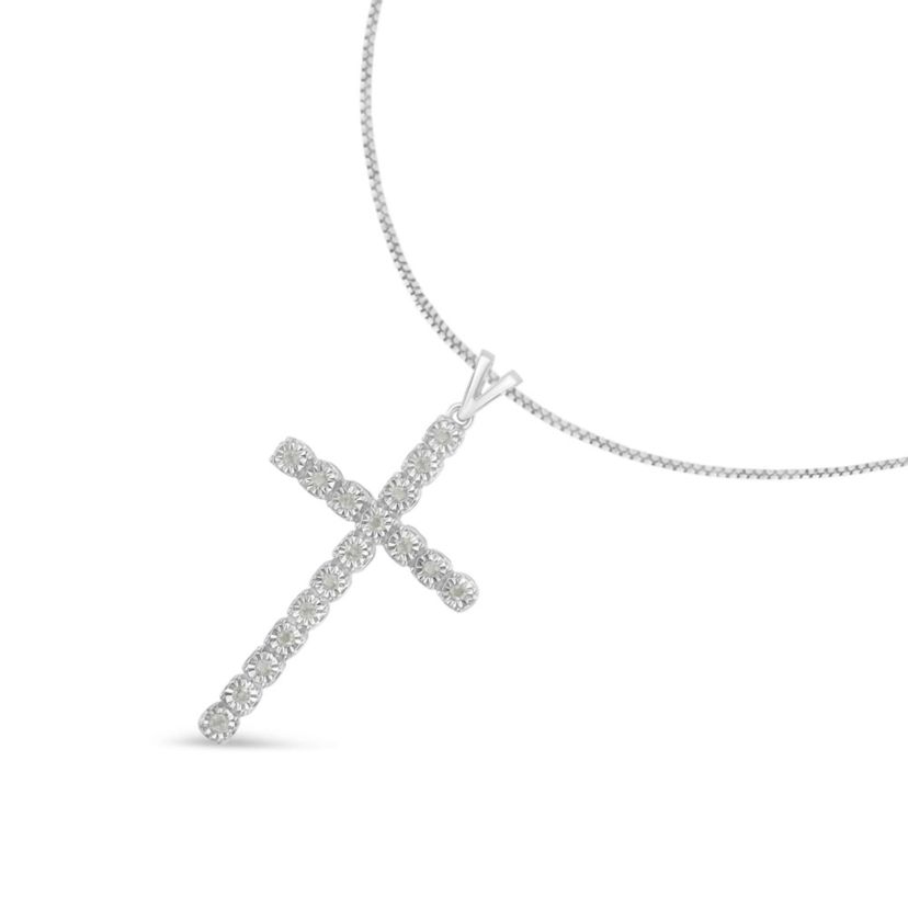.925 Sterling Silver 1/4 Cttw Diamond Miracle Set Cross Unisex Pendant Necklace 18"