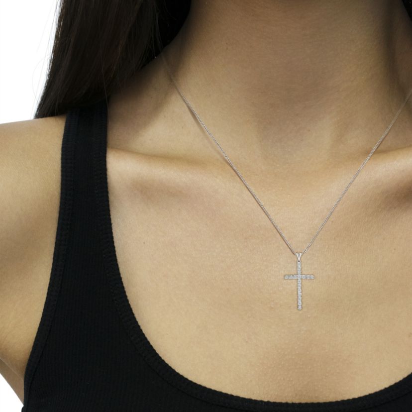.925 Sterling Silver 1/4 Cttw Diamond Miracle Set Cross Unisex Pendant Necklace 18"