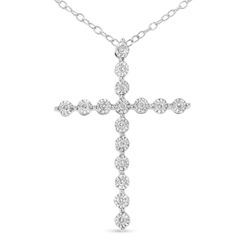 .925 Sterling Silver 1/6 cttw Diamond Cross Pendant Necklace