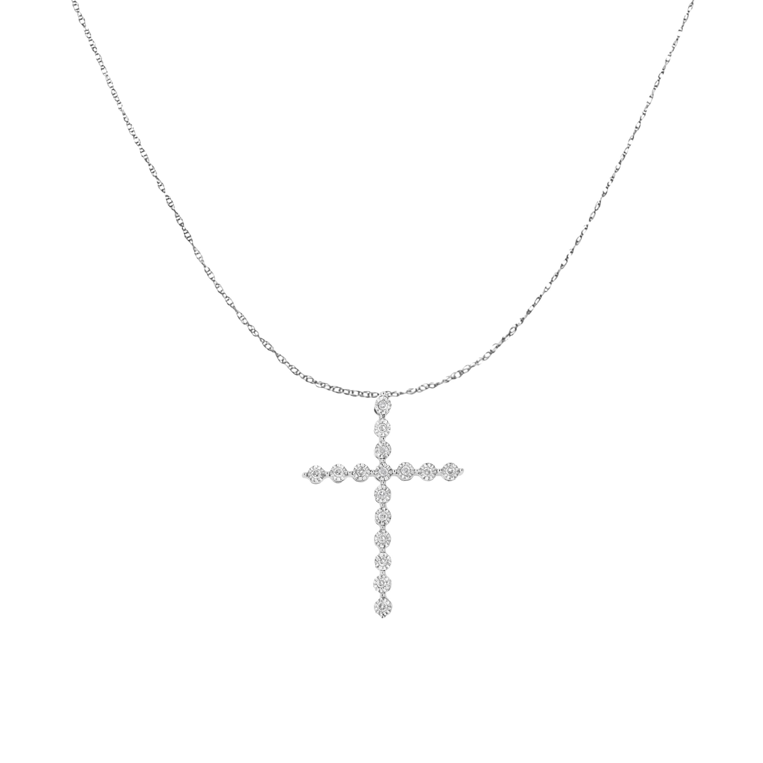 .925 Sterling Silver 1/6 cttw Diamond Cross Pendant Necklace