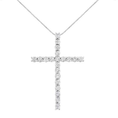 Haus of Brilliance Silver 4.0 Cttw Diamond 2-1/4" Cross Pendant with Box Chain Necklace - 18", White, 18 in