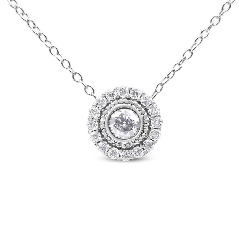 .925 Sterling Silver 1/2 Cttw Round Diamond Halo Circle Pendant 18" Necklace