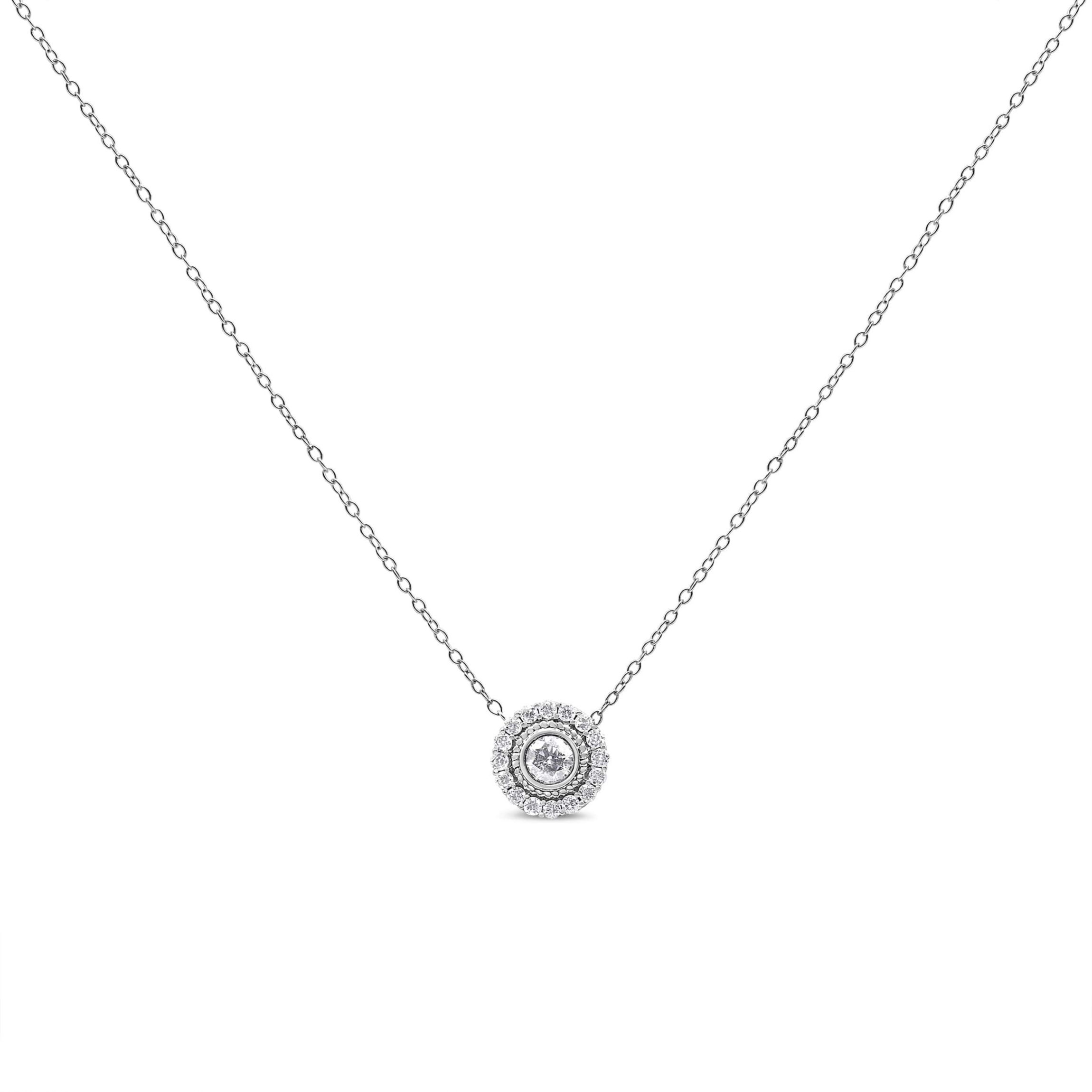 .925 Sterling Silver 1/2 Cttw Round Diamond Halo Circle Pendant 18" Necklace