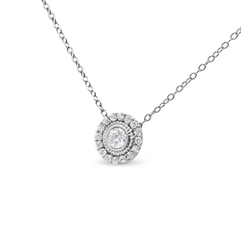 .925 Sterling Silver 1/2 Cttw Round Diamond Halo Circle Pendant 18" Necklace