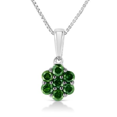 Haus of Brilliance Silver 1/2 Cttw Prong Set Treated Green Diamond Floral Cluster 18" Pendant Necklace, White, 18 in