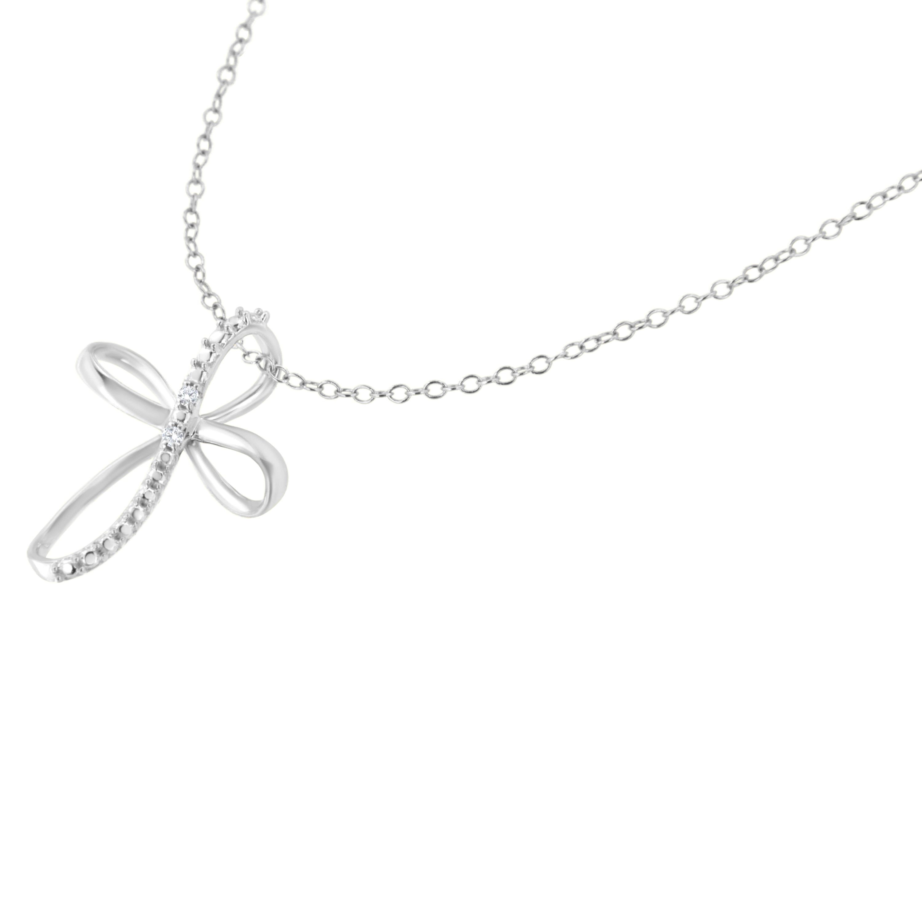 .925 Sterling Silver Diamond Accent Cross Ribbon 18" Pendant Necklace