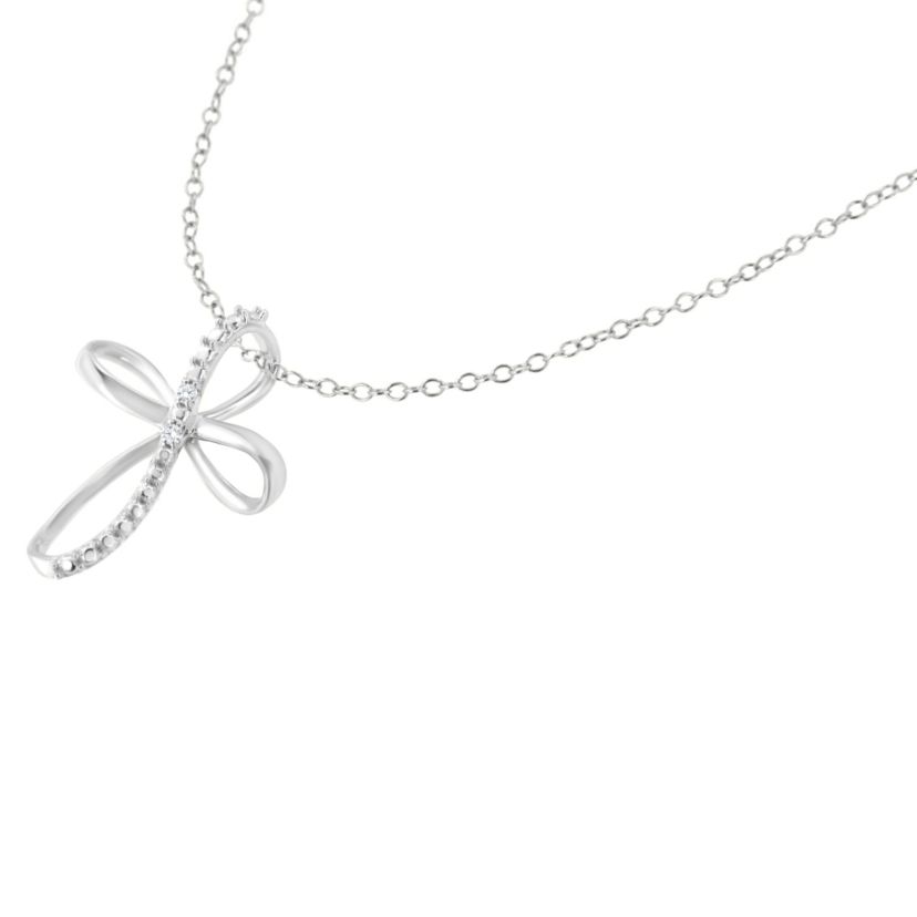 .925 Sterling Silver Diamond Accent Cross Ribbon 18" Pendant Necklace