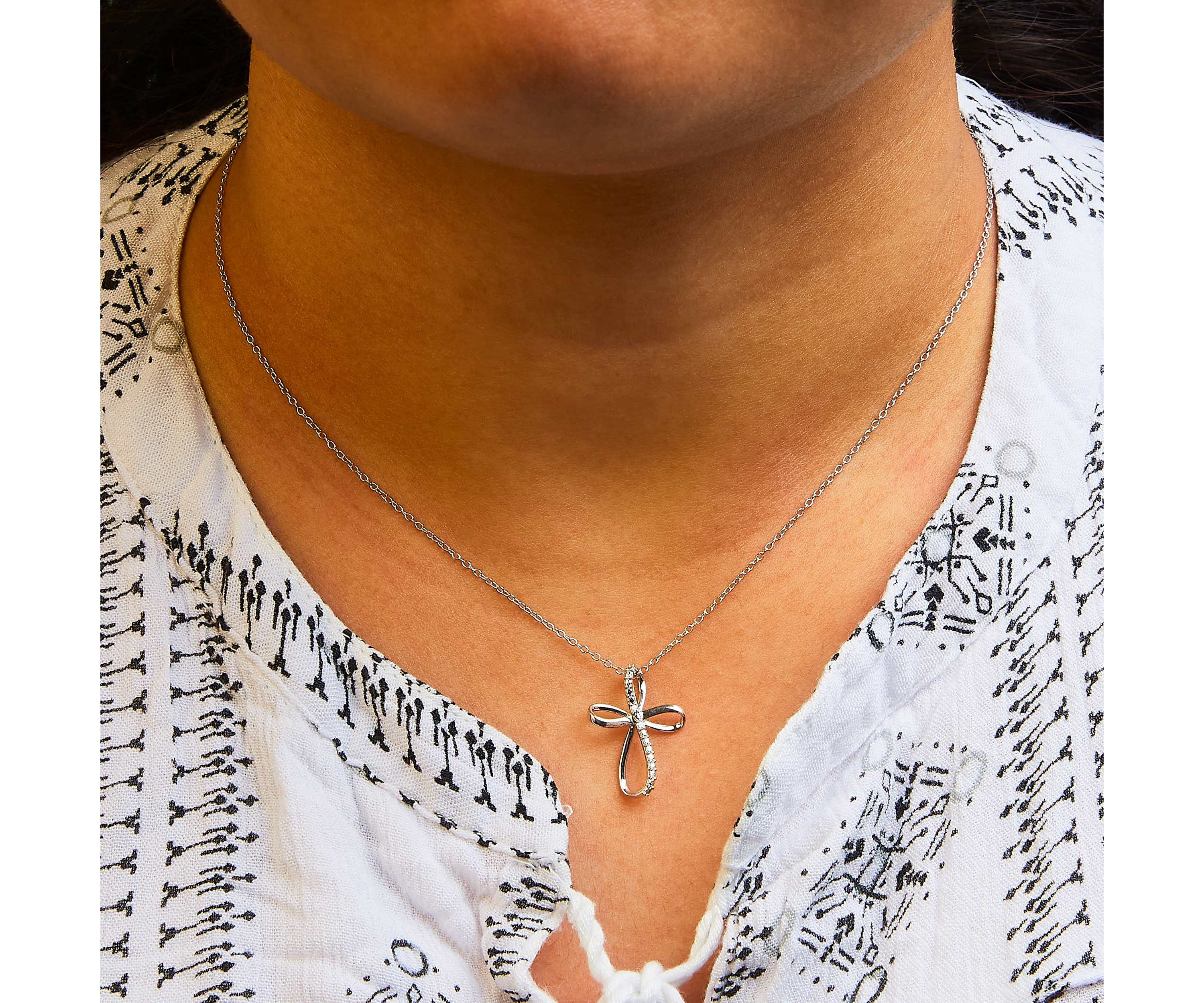 .925 Sterling Silver Diamond Accent Cross Ribbon 18" Pendant Necklace