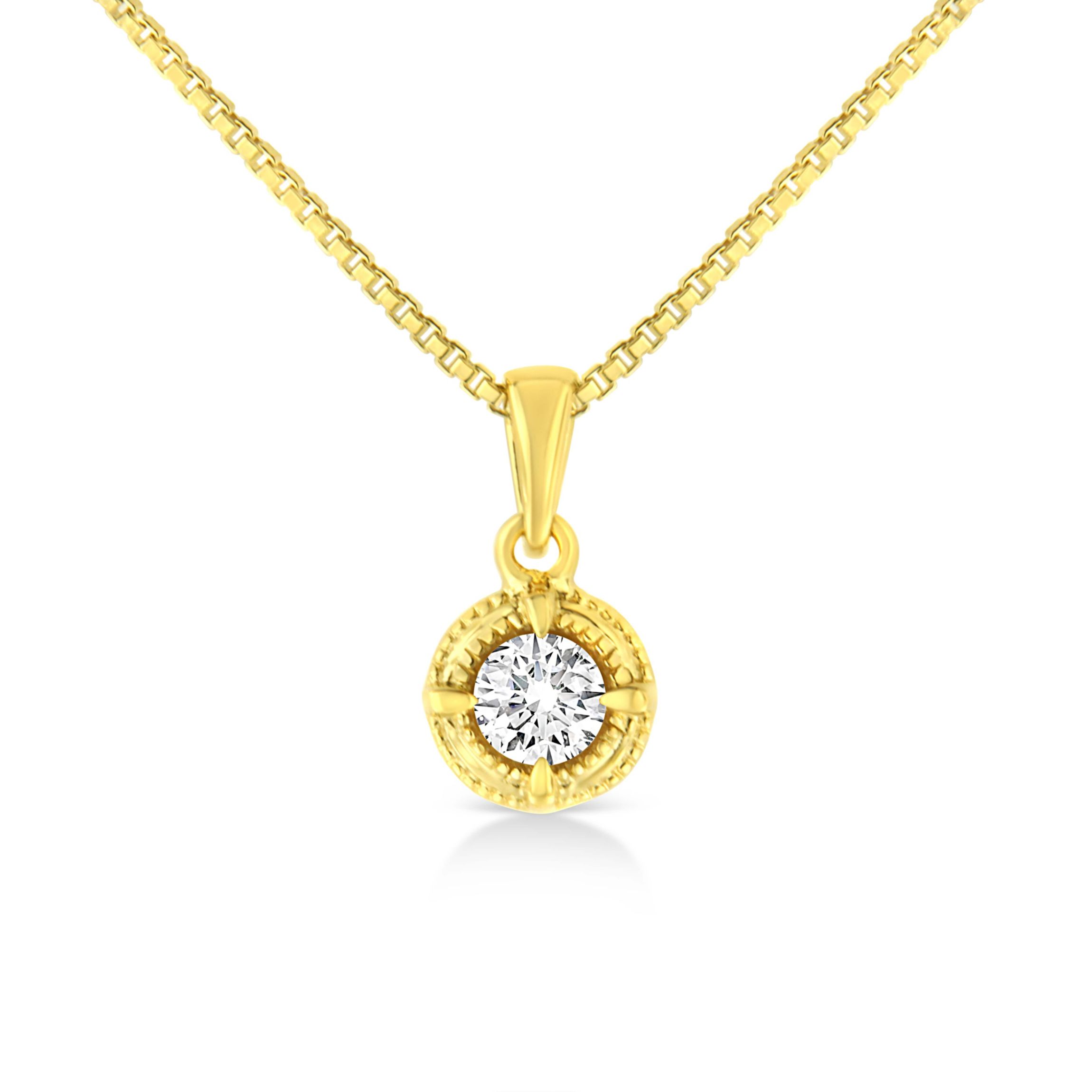 14K Yellow Gold Plated Silver 1/3 Cttw Diamond Solitaire Milgrain Pendant Necklace