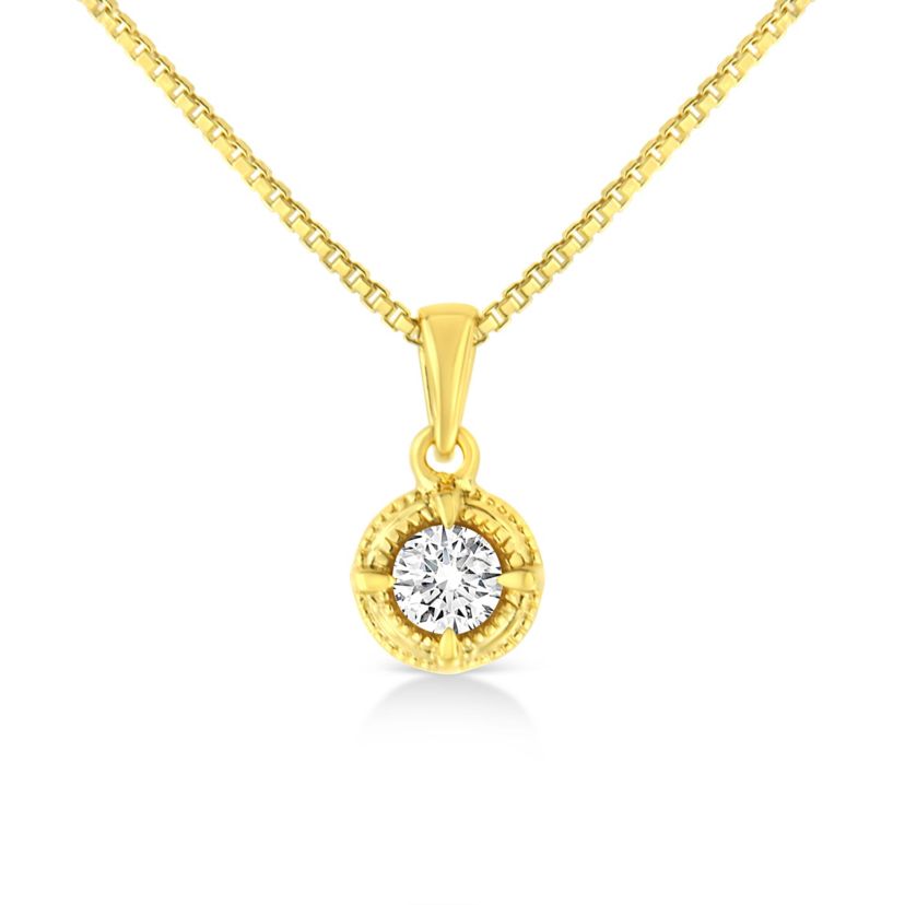 14K Yellow Gold Plated Silver 1/3 Cttw Diamond Solitaire Milgrain Pendant Necklace