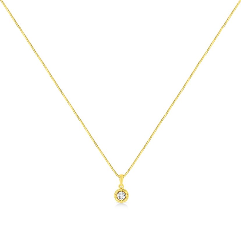 14K Yellow Gold Plated Silver 1/3 Cttw Diamond Solitaire Milgrain Pendant Necklace