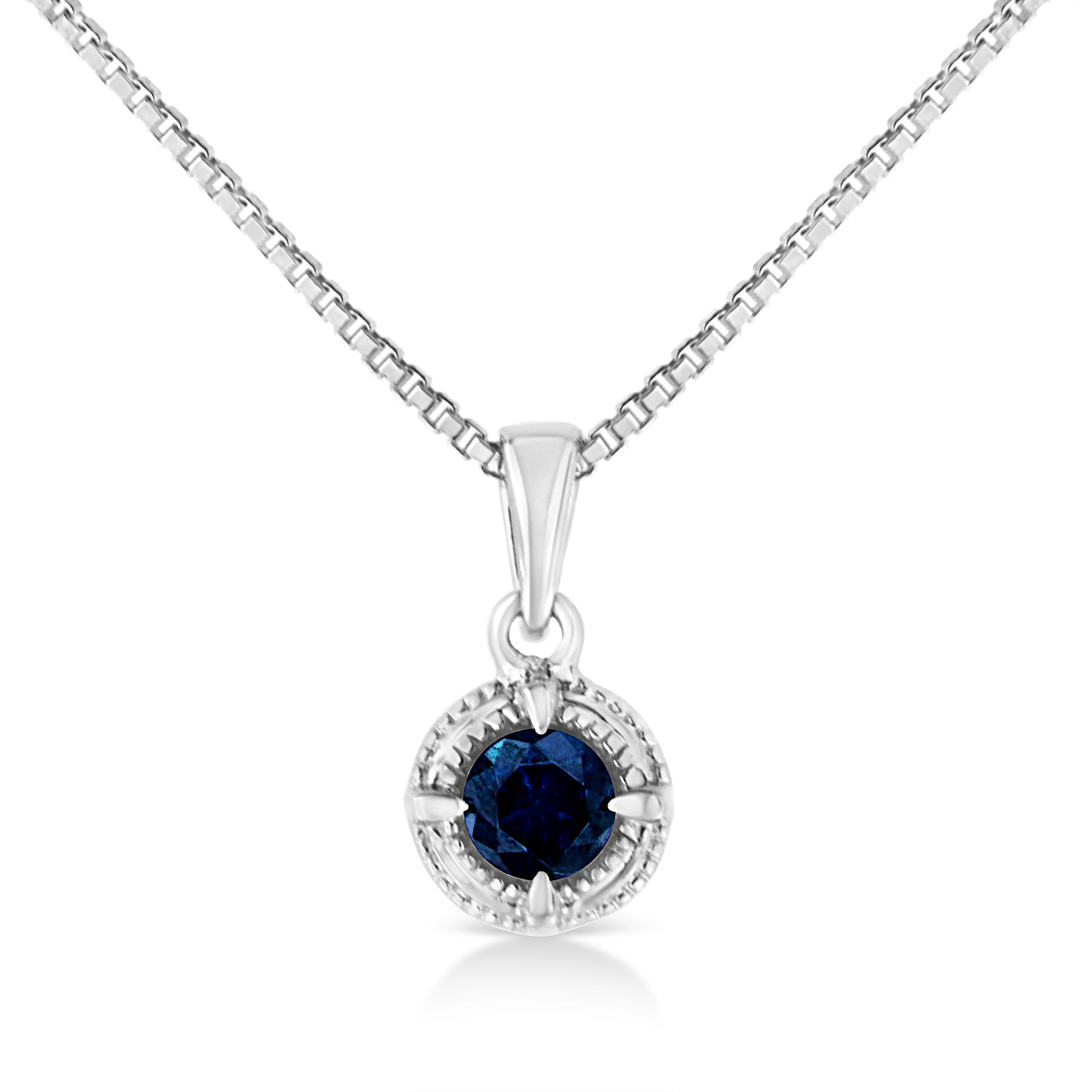 Silver 3/4 Cttw Treated Blue Diamond Solitaire 18" Milgrain Pendant Necklace