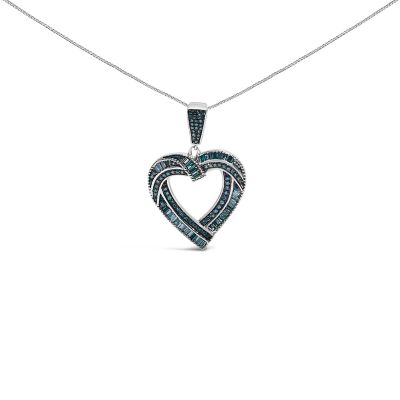 Haus of Brilliance .925 Sterling Silver 1.00 Cttw Baguette and Round Blue Diamond Open Heart Pendant Necklace, 18 in