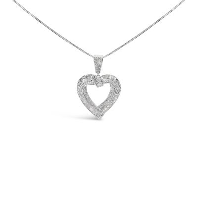 Haus of Brilliance .925 Sterling Silver 1.00 Cttw Baguette and Round Diamond Open Heart Pendant Necklace, 18 in