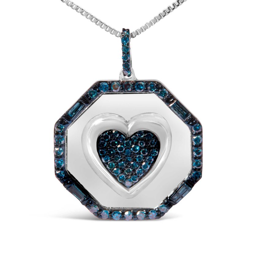 Silver 5/8 Cttw Blue Diamond Mirror Plate Heart and Diamond Halo Pendant Necklace