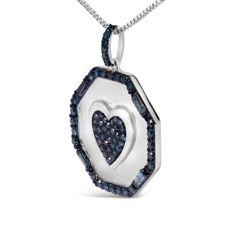 Silver 5/8 Cttw Blue Diamond Mirror Plate Heart and Diamond Halo Pendant Necklace