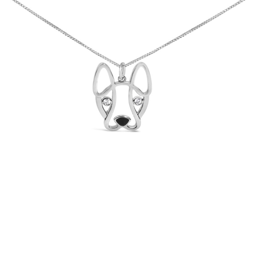 Silver Diamond Accent and Black Enamel French Bullldog Pendant Necklace inch