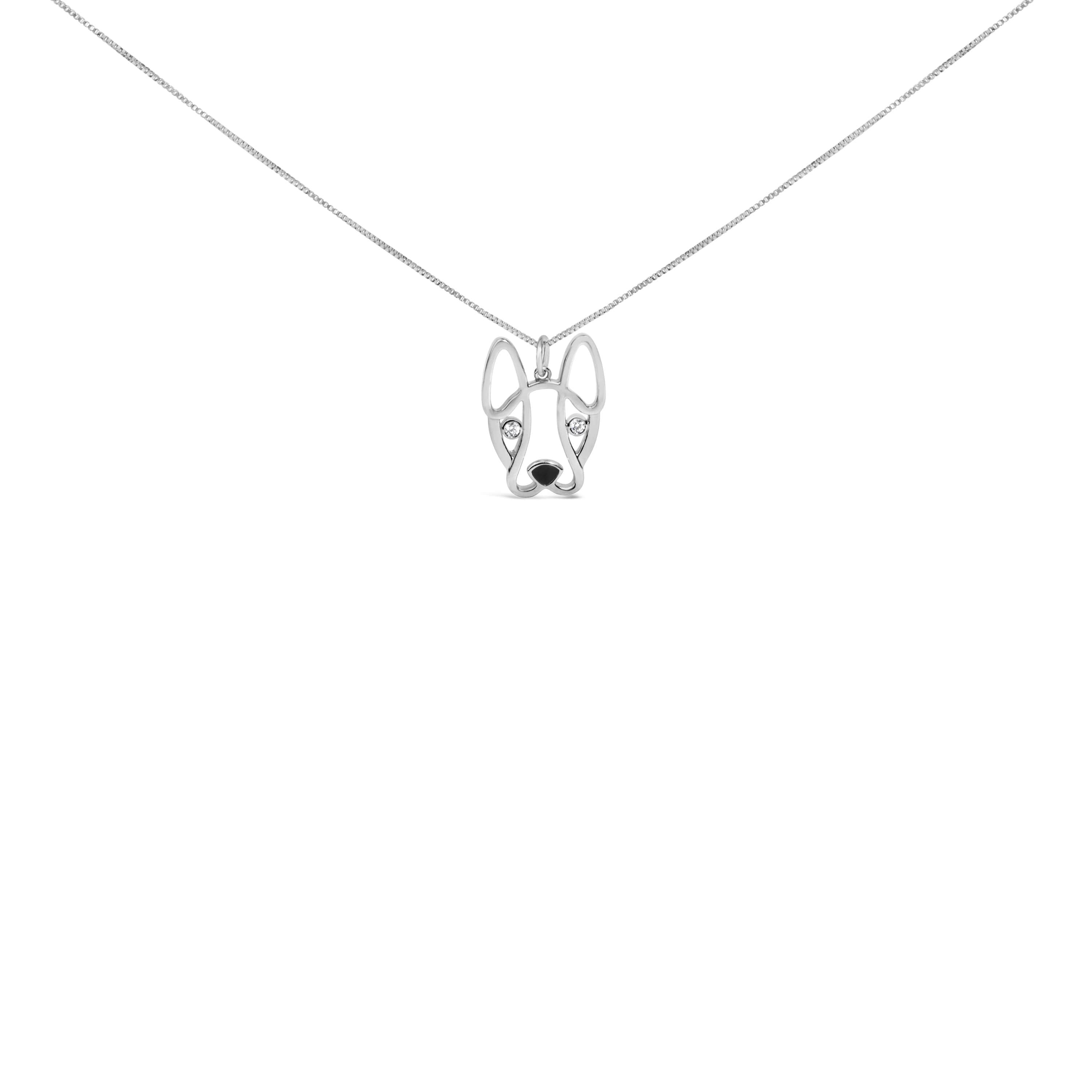 Silver Diamond Accent and Black Enamel French Bullldog Pendant Necklace inch