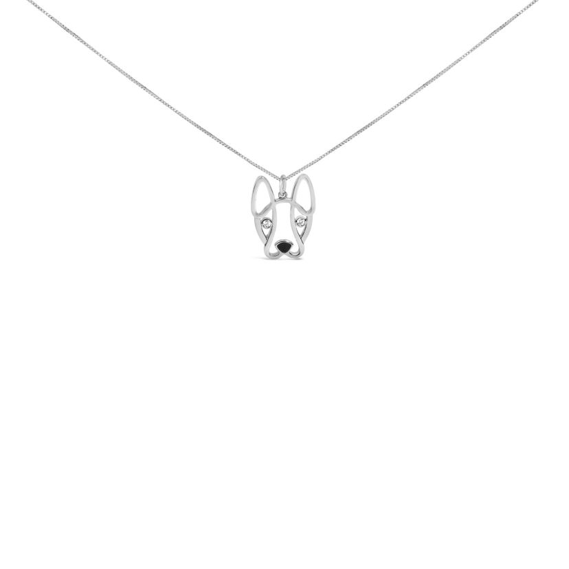 Silver Diamond Accent and Black Enamel French Bullldog Pendant Necklace inch