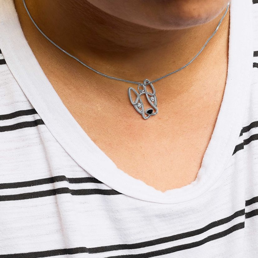 Silver Diamond Accent and Black Enamel French Bullldog Pendant Necklace inch