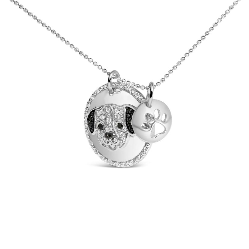 Silver 1/4 Cttw White and Black Diamond Pitbull Dog Charm 18" Pendant Necklace