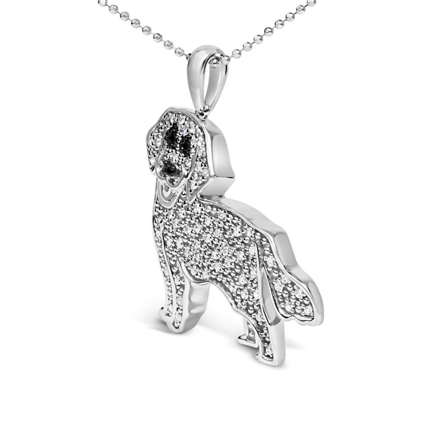 Silver 1/3 Cttw White and Black Diamond Labrador Retriever Dog Pendant Necklace