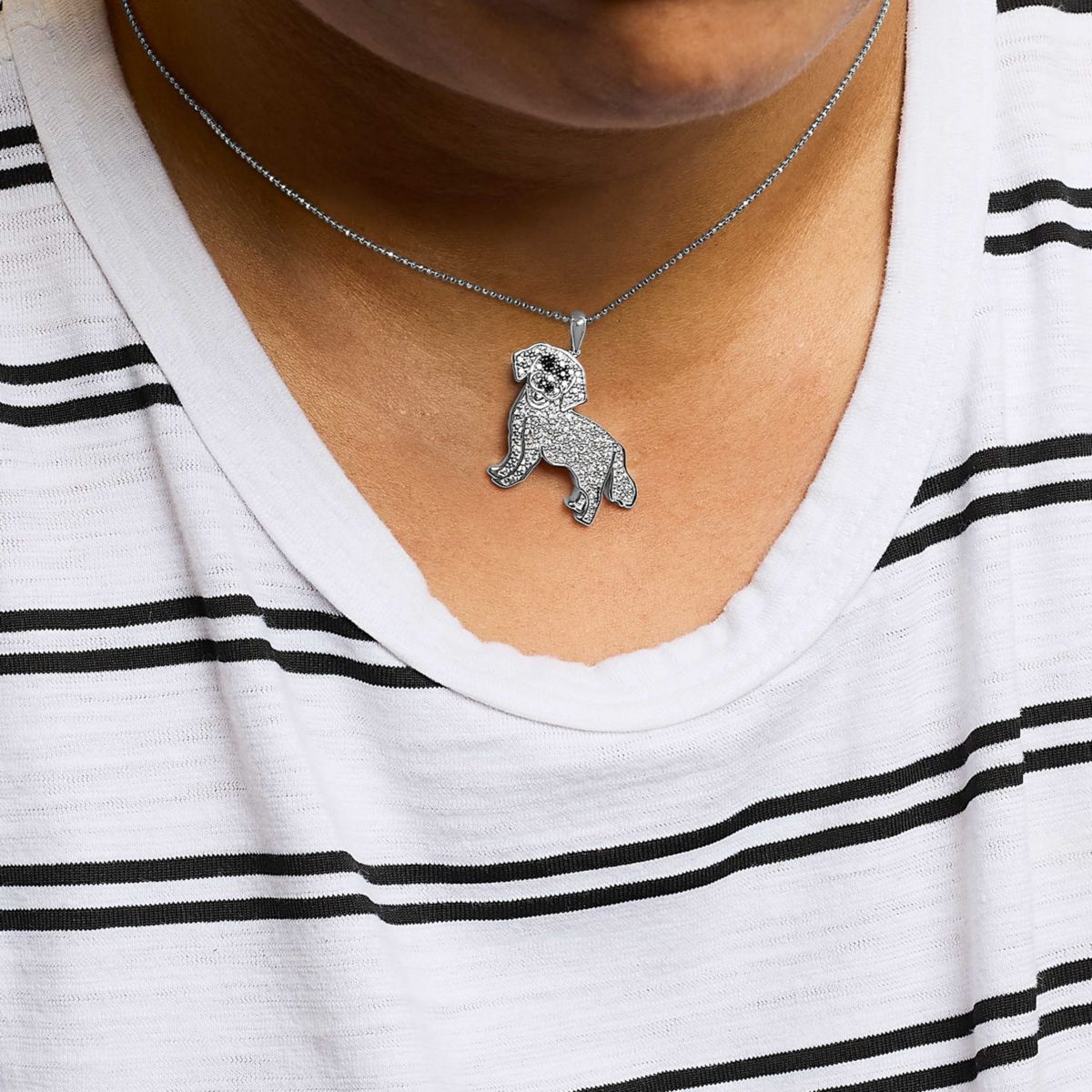 Silver 1/3 Cttw White and Black Diamond Labrador Retriever Dog Pendant Necklace
