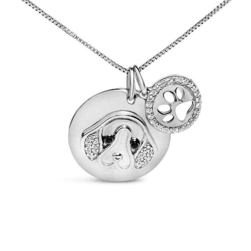Silver 1/5 Cttw White and Black Diamond Beagle Dog Charm 18" Pendant Necklace