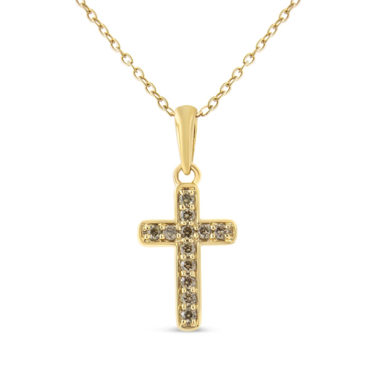 10K Yellow Gold Flashed Silver 1/4 Cttw Champagne Diamond Cross Pendant Necklace -
