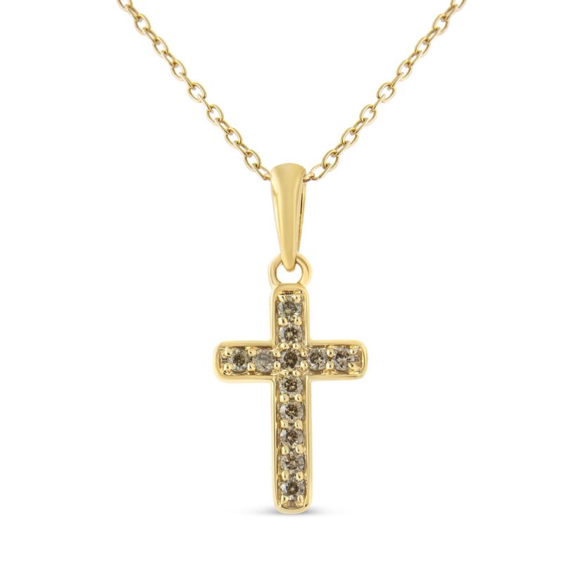 10K Yellow Gold Flashed Silver 1/4 Cttw Champagne Diamond Cross Pendant Necklace -
