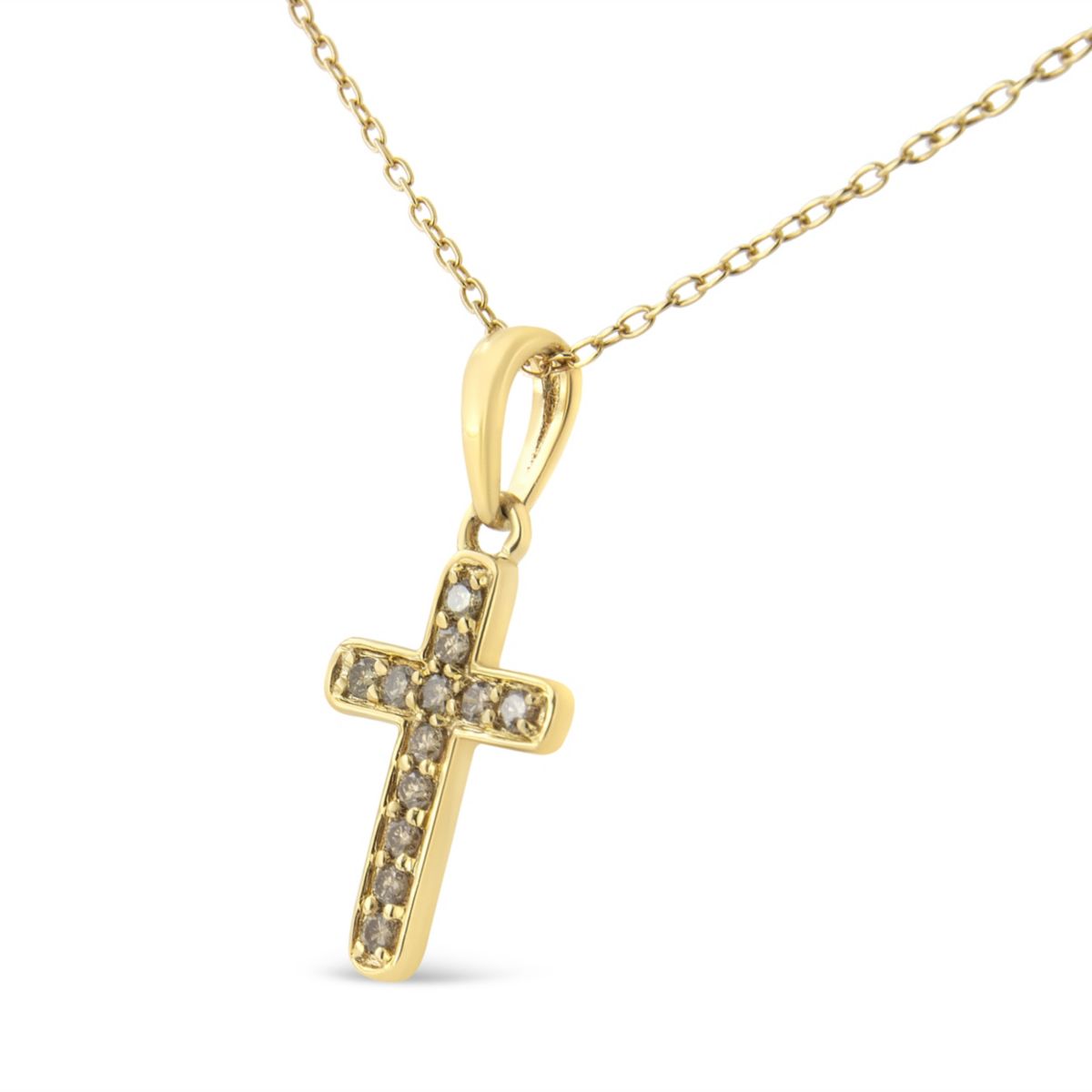 10K Yellow Gold Flashed Silver 1/4 Cttw Champagne Diamond Cross Pendant Necklace -