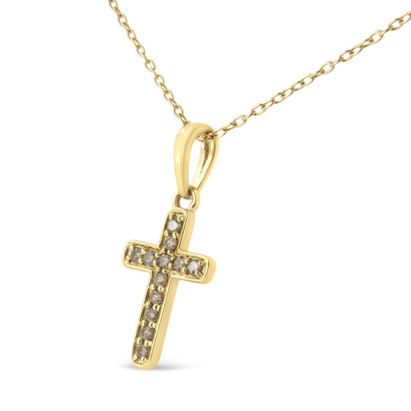 10K Yellow Gold Flashed Silver 1/4 Cttw Champagne Diamond Cross Pendant Necklace -