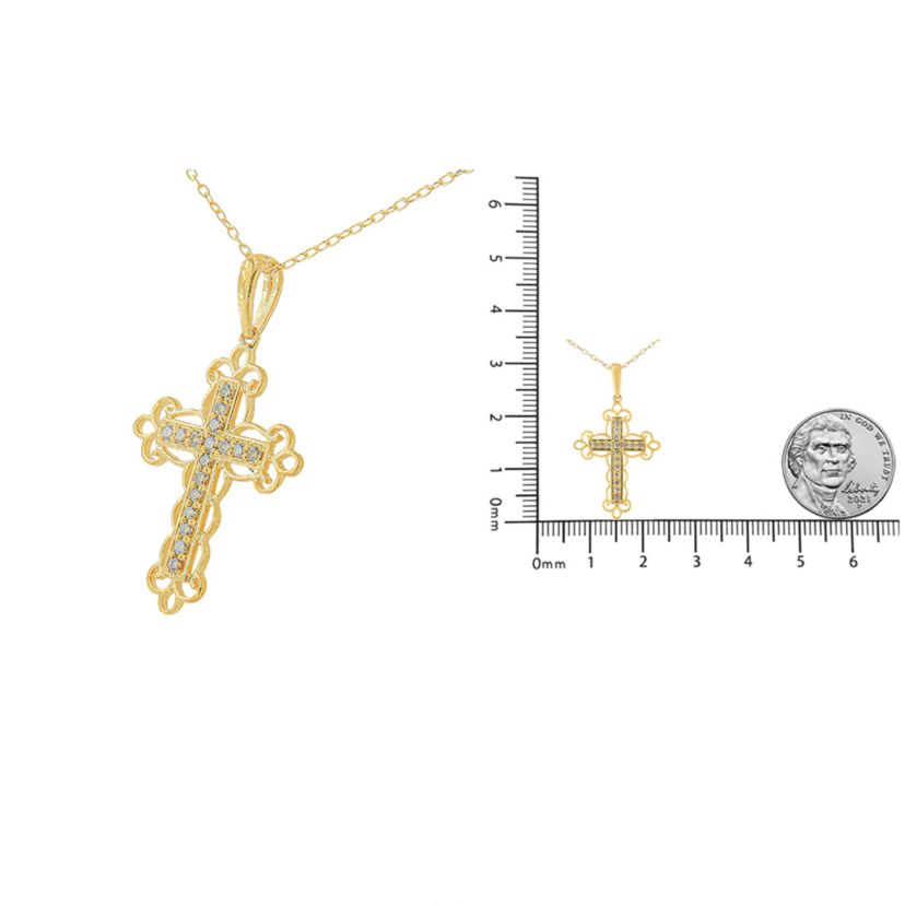 10K Yellow Flashed Silver 1/4 Cttw Champagne Diamond Filigree Cross Pendant Necklace