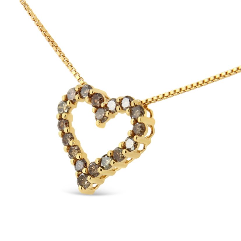 14K Yellow Gold Plated Silver 1.0 Cttw Champagne Diamond Heart Pendant Necklace -