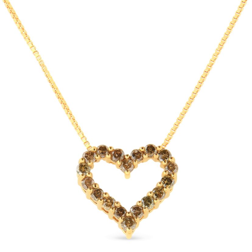 14K Yellow Gold Plated Silver 1.0 Cttw Champagne Diamond Heart Pendant Necklace -