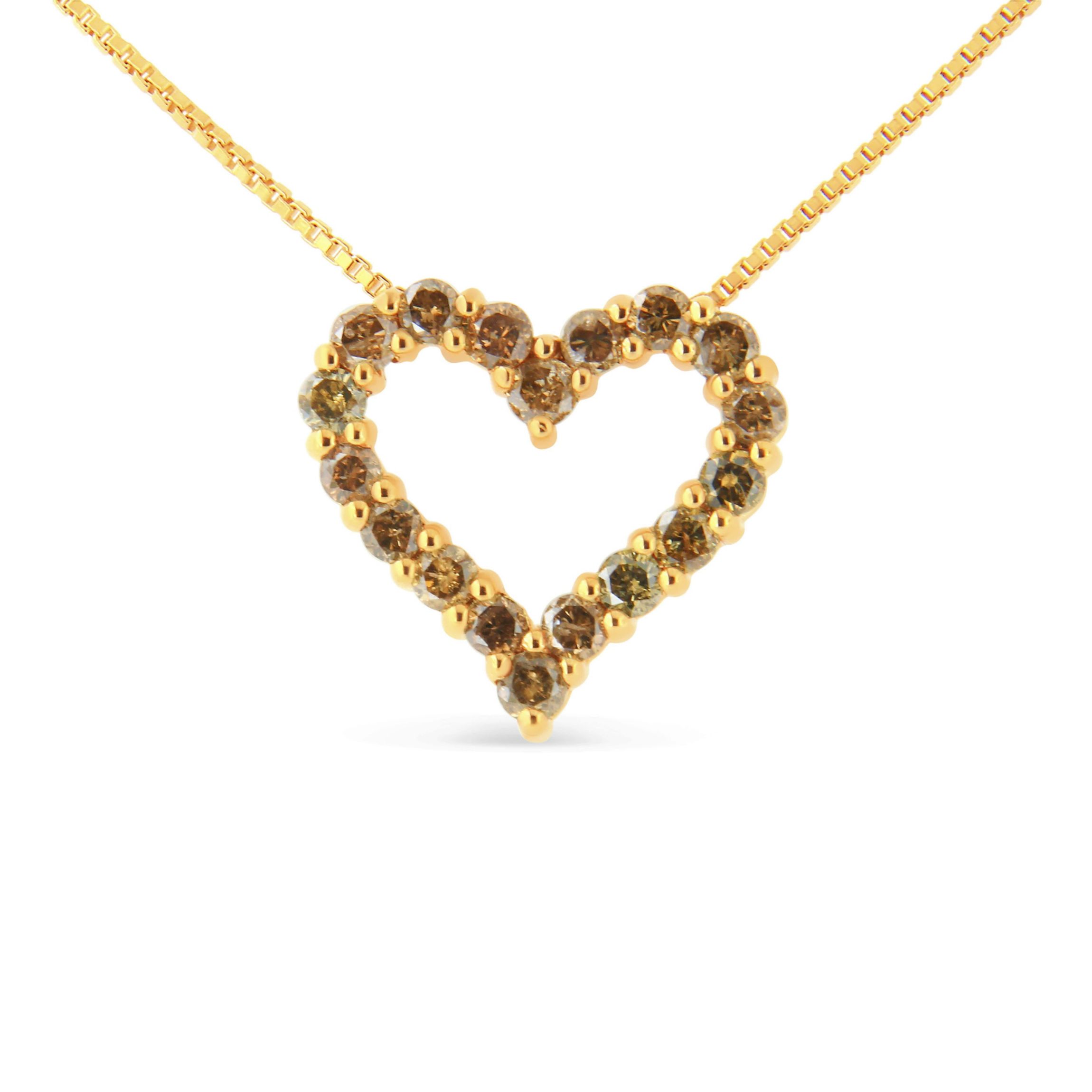 14K Yellow Gold Plated Silver 1.0 Cttw Champagne Diamond Heart Pendant Necklace -