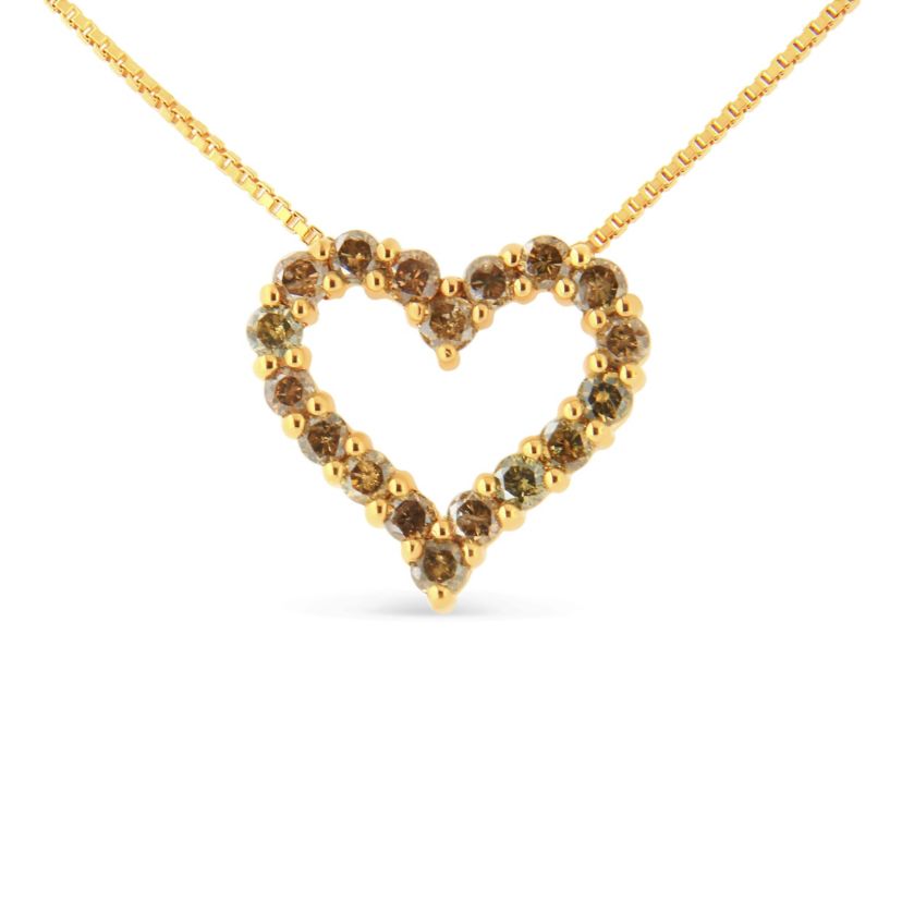 14K Yellow Gold Plated Silver 1.0 Cttw Champagne Diamond Heart Pendant Necklace -