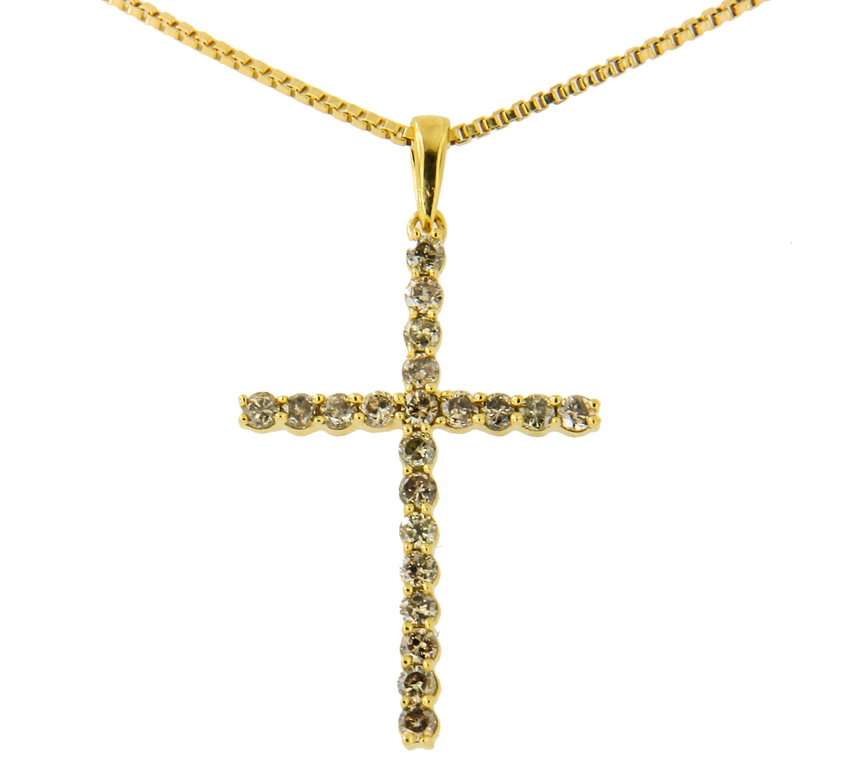 14K Yellow Gold Plated Silver 1/2 Cttw Champagne Diamond Cross Pendant Necklace -