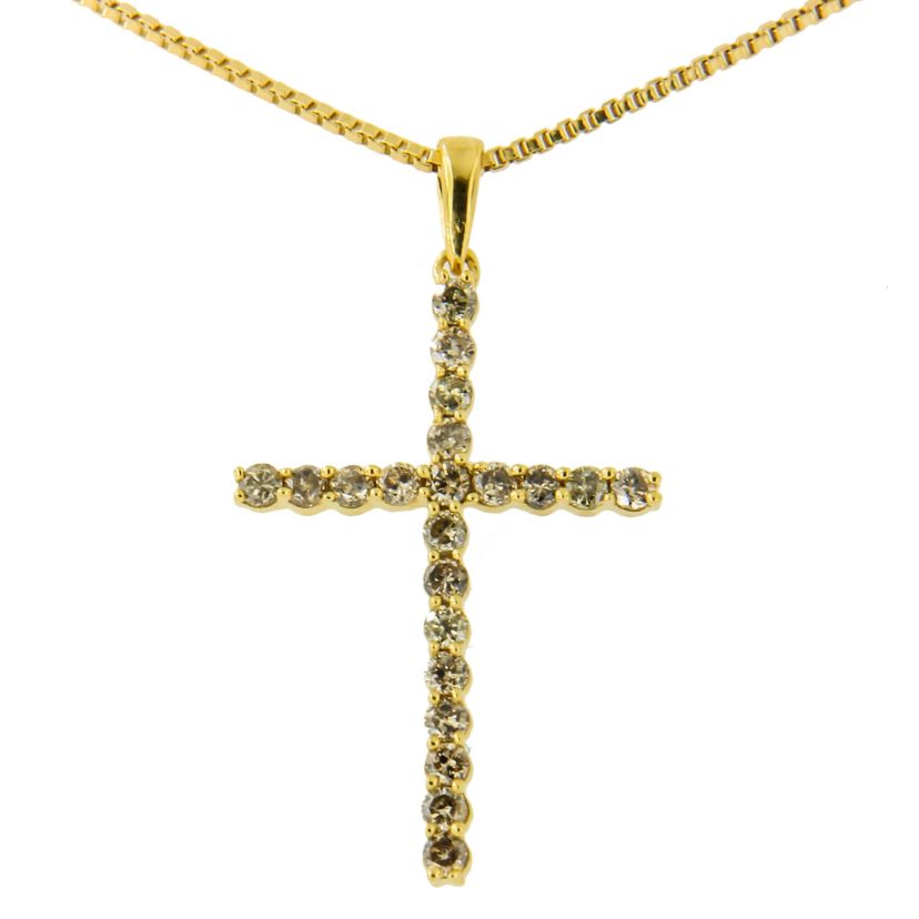 14K Yellow Gold Plated Silver 1/2 Cttw Champagne Diamond Cross Pendant Necklace -