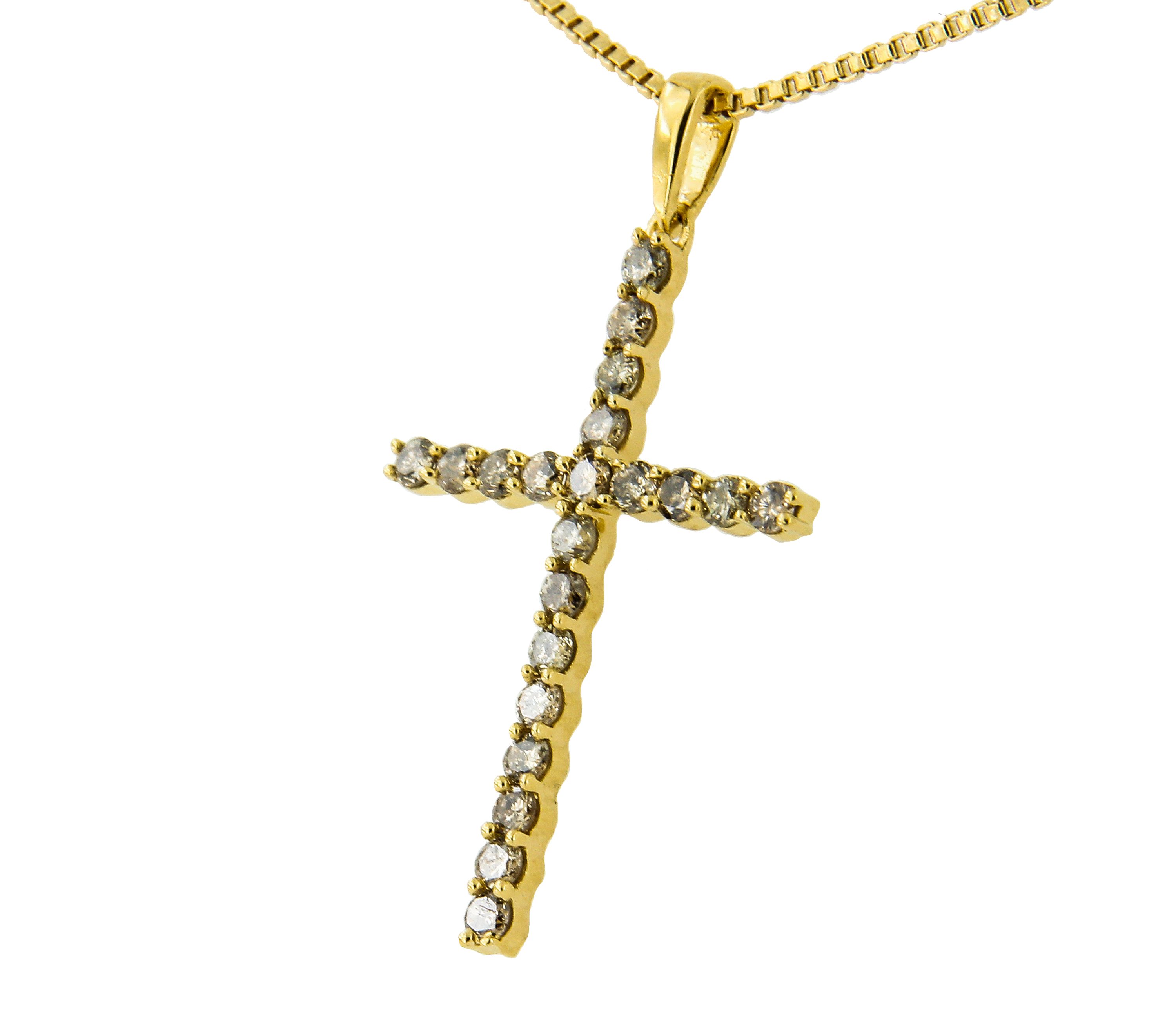 14K Yellow Gold Plated Silver 1/2 Cttw Champagne Diamond Cross Pendant Necklace -