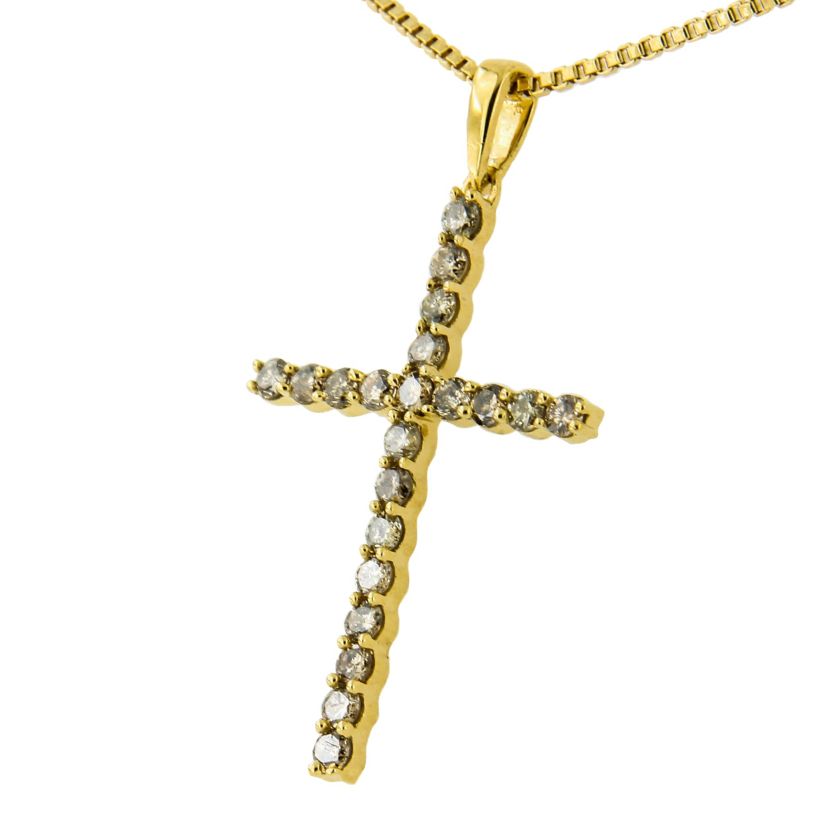 14K Yellow Gold Plated Silver 1/2 Cttw Champagne Diamond Cross Pendant Necklace -
