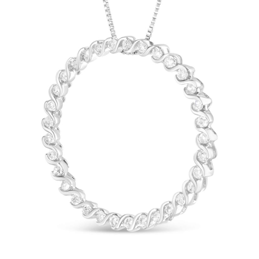 Silver 3/4 Cttw Round Diamond Spiral Curved Circle Pendant 18" Necklace