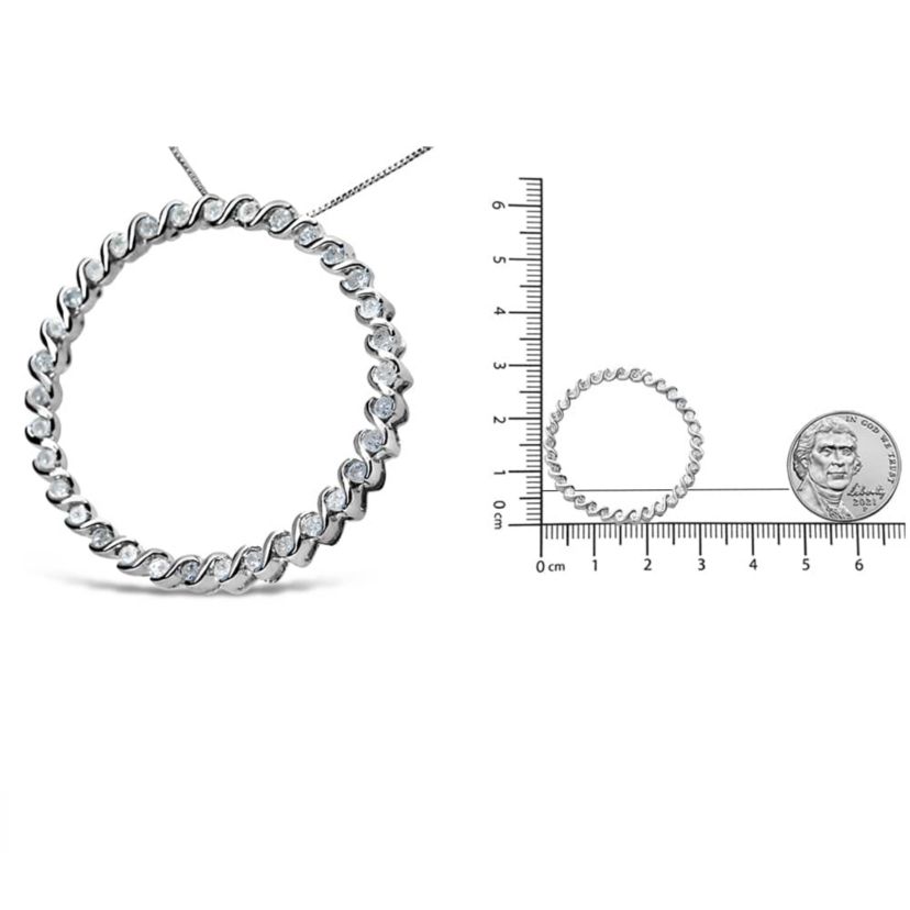 Silver 3/4 Cttw Round Diamond Spiral Curved Circle Pendant 18" Necklace