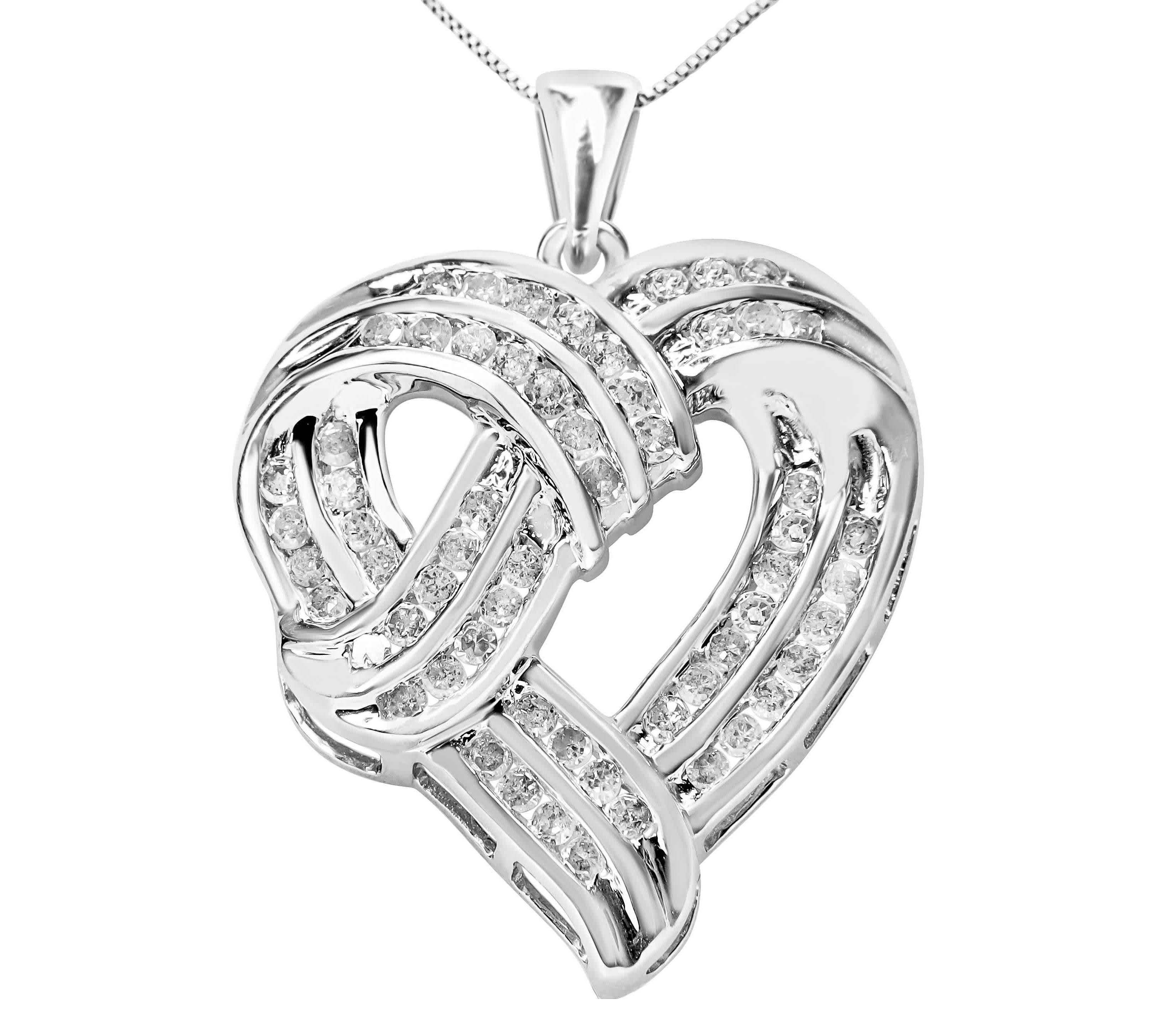 Silver 1 1/4 Cttw Round Diamond Openwork Ribbon Weave Heart Pendant 18" Necklace