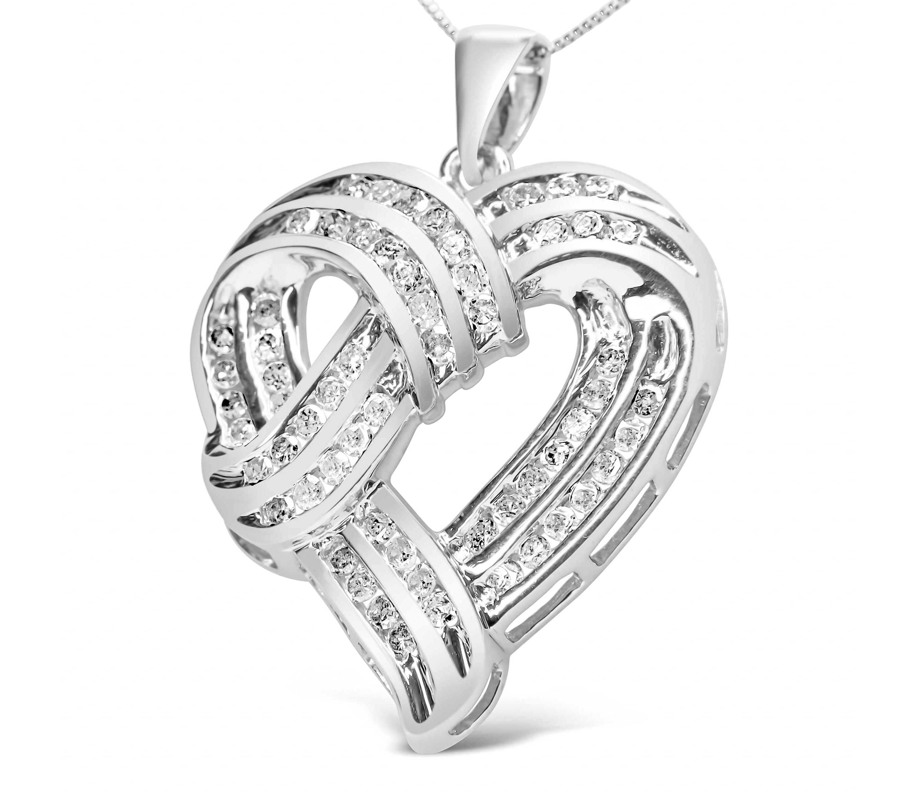 Silver 1 1/4 Cttw Round Diamond Openwork Ribbon Weave Heart Pendant 18" Necklace