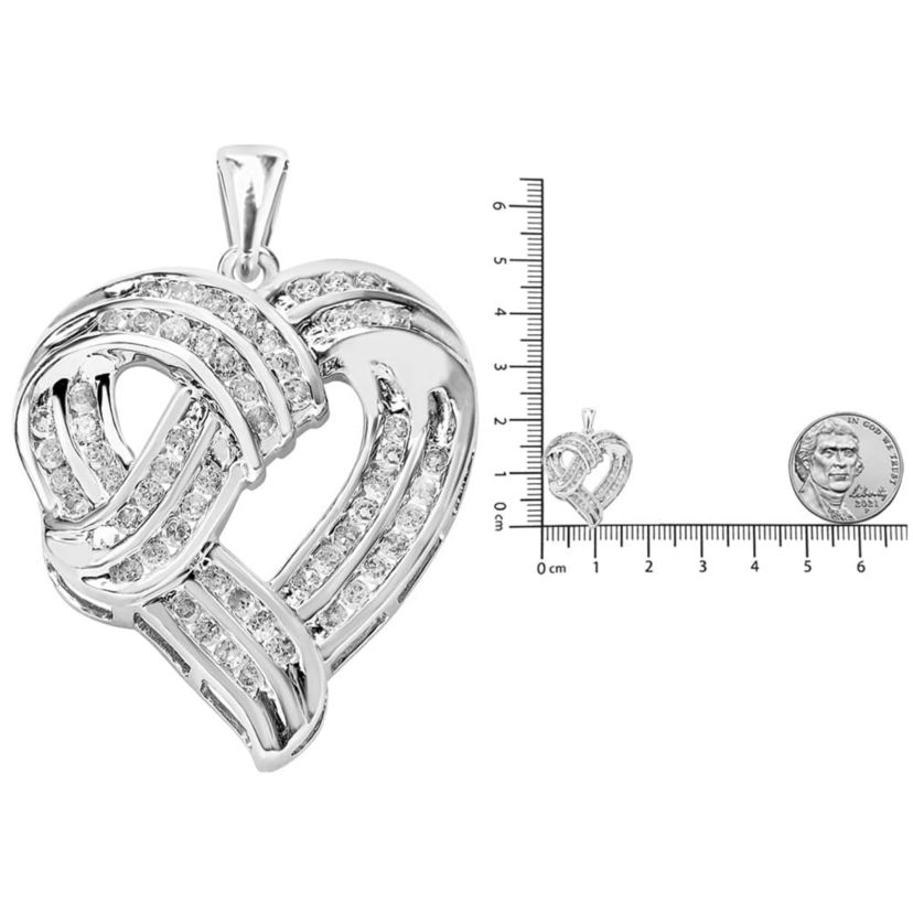 Silver 1 1/4 Cttw Round Diamond Openwork Ribbon Weave Heart Pendant 18" Necklace